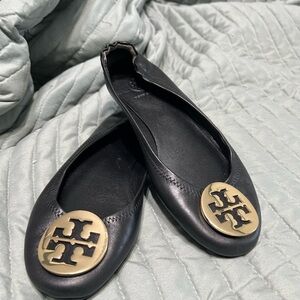 Tory Burch Black Flats with Gold Emblem
